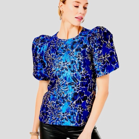 LILLY PULITZER Blue Grotto Top Twilight Floral Brocade with Gold Accents - Picture 4 of 5